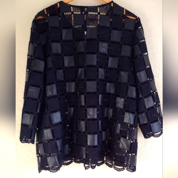 Chico's Travelers Navy Faux Leather Open Weave Jacket - Picture 5 of 5